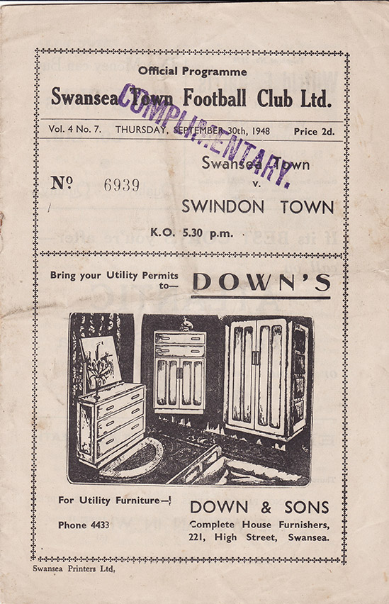 <b>Thursday, September 30, 1948</b><br />vs. Swansea Town (Away)